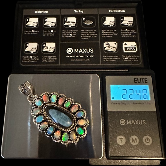 Inlayed Lapis in Black Onyx Surrounded by Fire Opals in Sterling Silver Pendant - Picture 6 of 8